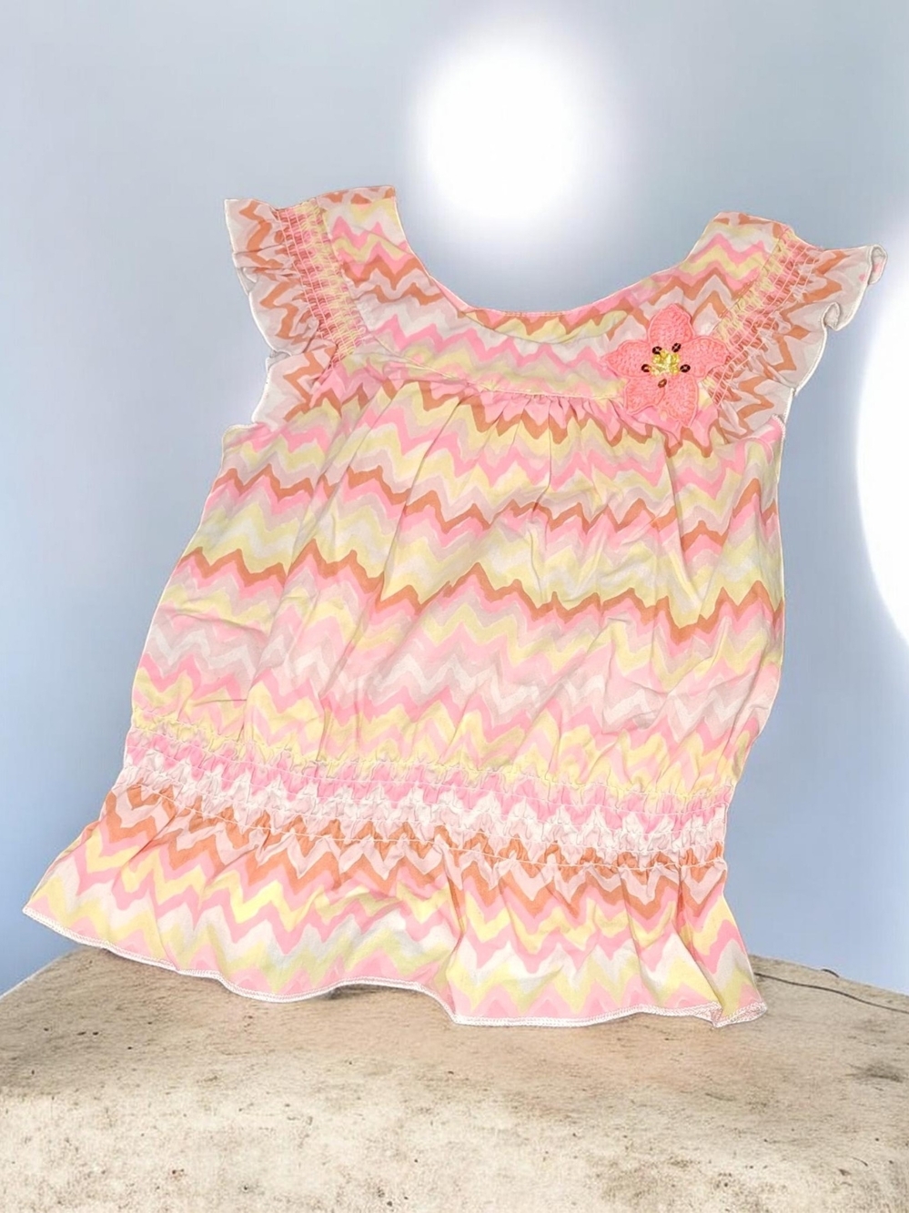 Toughskins Pink Chevron Flutter Sleeve Top with Floral Accent